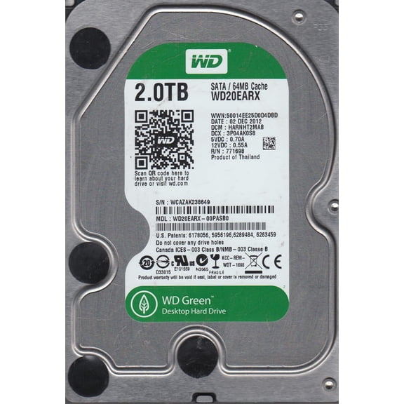 WD20EARX-00PASB0, DCM HARNHT2MAB, Western Digital 2TB SATA 3.5 Hard Drive