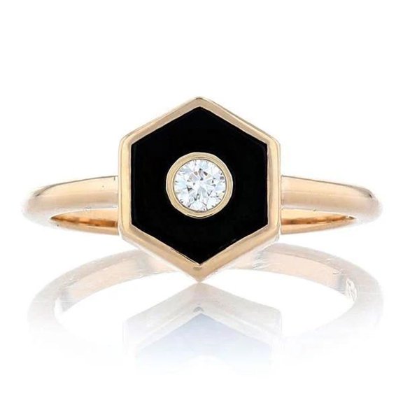 Vintage Black Onyx Engagement Ring, Emerald Cut Gems, Art Deco Solitaire Wedding Ring, Gold Unique boho, Statement Ring