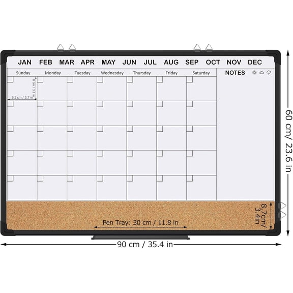 36x24 in Double Side Whiteboard Calendar & Cork Board Combo for Wall