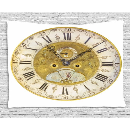 - Clock Decor Tapestry, Vintage Theme A Seventeenth Century Ornamental Clock Face with Roman Numeral, Wall Hanging for Bedroom Living Room Dorm Decor, 60W X 40L Inches, Gold Black, by Ambesonne