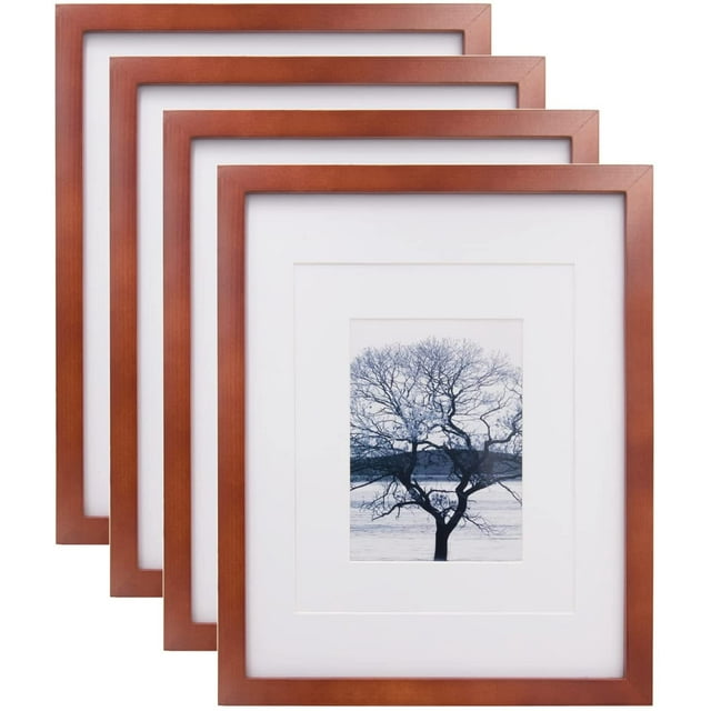 AmPm 11x14 Picture Frames 4 Pack Display Pictures 5x7/8x10 with Mat or 11x14 Without Mat Made of Solid Wood Covered by Plexiglass for Table Top Display and Wall Mounting Photo Frame, Light Brown