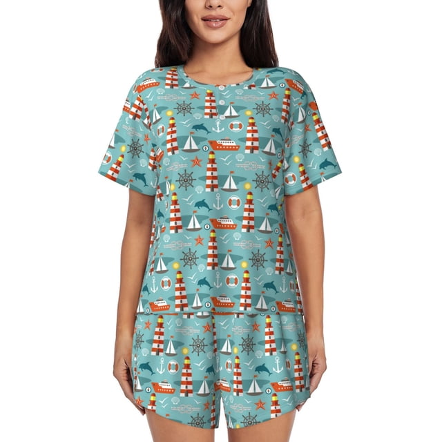 Xecao Sea Lighthouse Pattern Women's Short Sleeve Pajama Set Soft Sleepwear Lounge Set with Button Front Top and Drawstring Shorts with Pockets-XX-Large