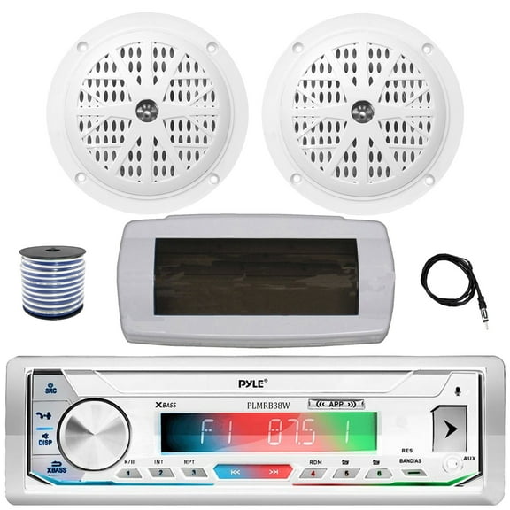 Pyle PLMRB39W LCD Display Single-DIN Marine Bluetooth USB/AUX MP3 Player AM/FM Radio Stereo White Receiver W/White Cover, 2x 4'' 100W Max Dual Cone Waterproof Speakers, Radio Antenna, Speaker Wire