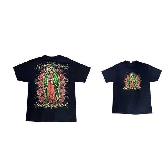 Nuestra Virgen Guadalupana Catholic & Mexican T-Shirts - Screen Printed Front & Back - Black Color - Free USA  shipping - Men's Size: Large  Uni-Sex Style  (CatTs302-L)