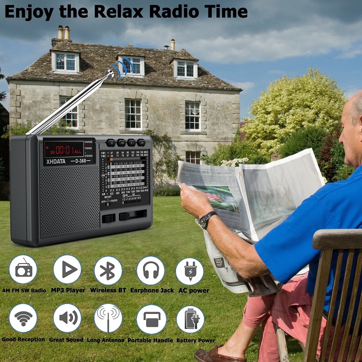 XHDATA D368 Portable Shortwave AM/FM (MW)/SW 12-Band DSP Stereo Radio, MP3 Player, Wireless Bluetooth Speaker with Rechargeable Battery, Multimedia Speaker, Supports Micro SD Card and USB Flash Drive