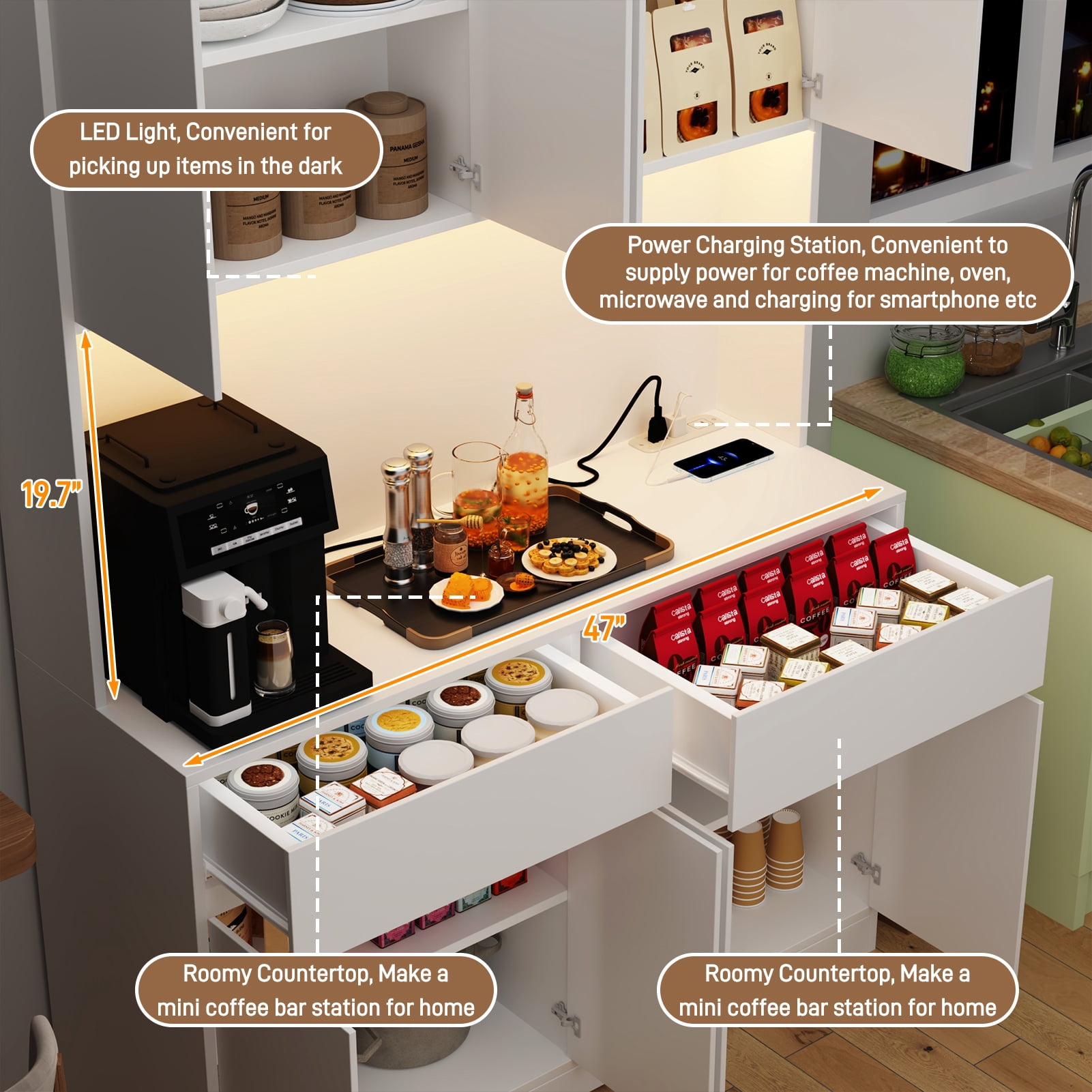 71" Tall Kitchen Pantry with LED Light & Charging Station, 8 Door Kitchen Cupboard with Large Storage and Microwave Stand, Freestanding Hutch Cabinet for Dining Living Room