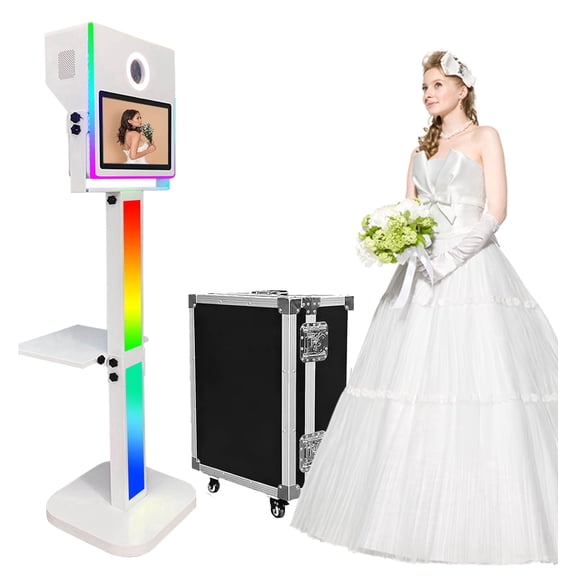 Photo Booth 15.6" Touch Screen, Portable Mirror Photobooth Machine Selfie RGB Lights Stand Built-in Mini PC Flight Case for Birthday Wedding Party Events Rental