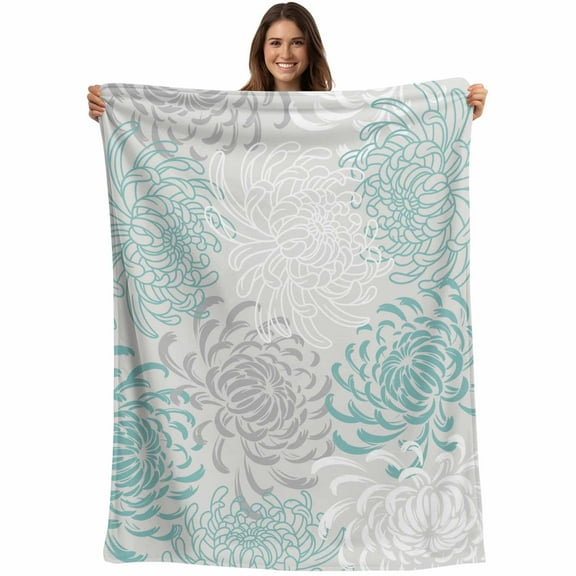 Teal Turquoise Gray Floral Throw Blankets, Abstract Flowers Soft Fleece Blanket Decorative for Home Sofa Couch Chair Living Bedroom, 40x50 inches,