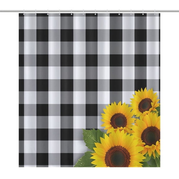 Black White Check Sunflowers Shower Curtain Bathroom Curtains Waterproof Fabric Home Partition Screen Living Room