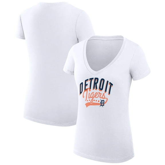 Women's G-III 4Her by Carl Banks White Detroit Tigers Super-Slim Fit Lightweight Filigree Team V-Neck T-Shirt