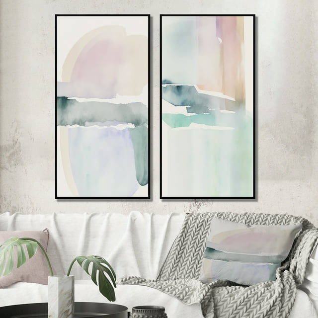 Designart "Pastel Tranquility in Serene Shades I" Abstract Liquid Ink Framed Wall Art Set Of 2 - Modern Blue Frame Gallery Set For Office Decor
