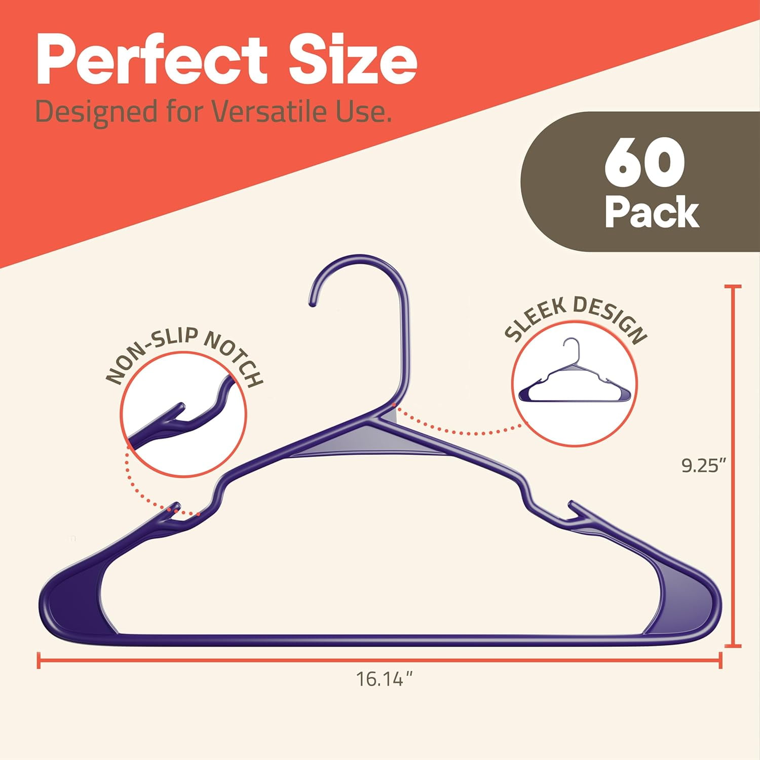 Purple Plastic hangers 60 Pack– Heavy-Duty Plastic Hangers Slim and Space-Saving Hangers, Durable & Lightweight Hangers with Non-Slip Shoulder Notches for Slip Dresses, Suits, Jackets & Camisoles