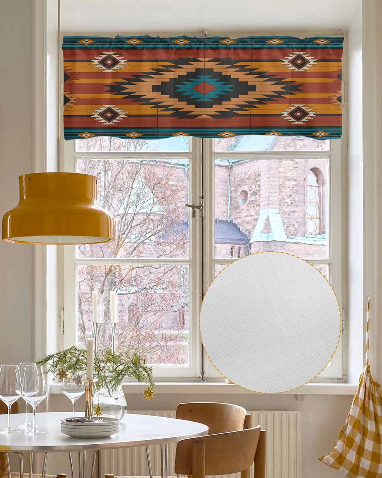 Aztec Southwest Kitchen Valances for Windows Farmhouse Linen Window Valance Curtain for Living Room Window Treatment Vintage Geometric Farmhouse Art Valance Rod Pocket Topper Drape, 54 x 18 Inch
