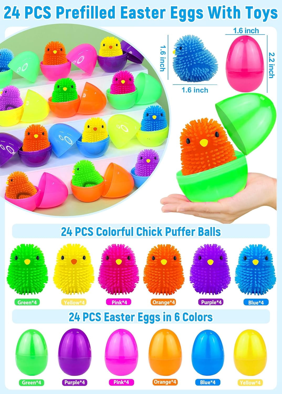 Prefilled Easter Eggs with Chick LED Puffer Balls, Light Up Stress Relief Fidget Toys Squeeze Sensory Ball