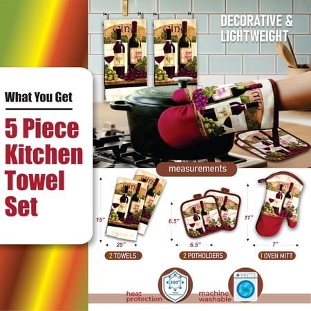 YILOSF-- Wine Lover's Kitchen Grape & Wine Bottle Motif 5 Piece Kitchen Towel Set with 2 Decorative Dish Towels (25 X15) 1 Oven Mitt (11 X 7) and 2 Potholders (6.5 X 6.5)