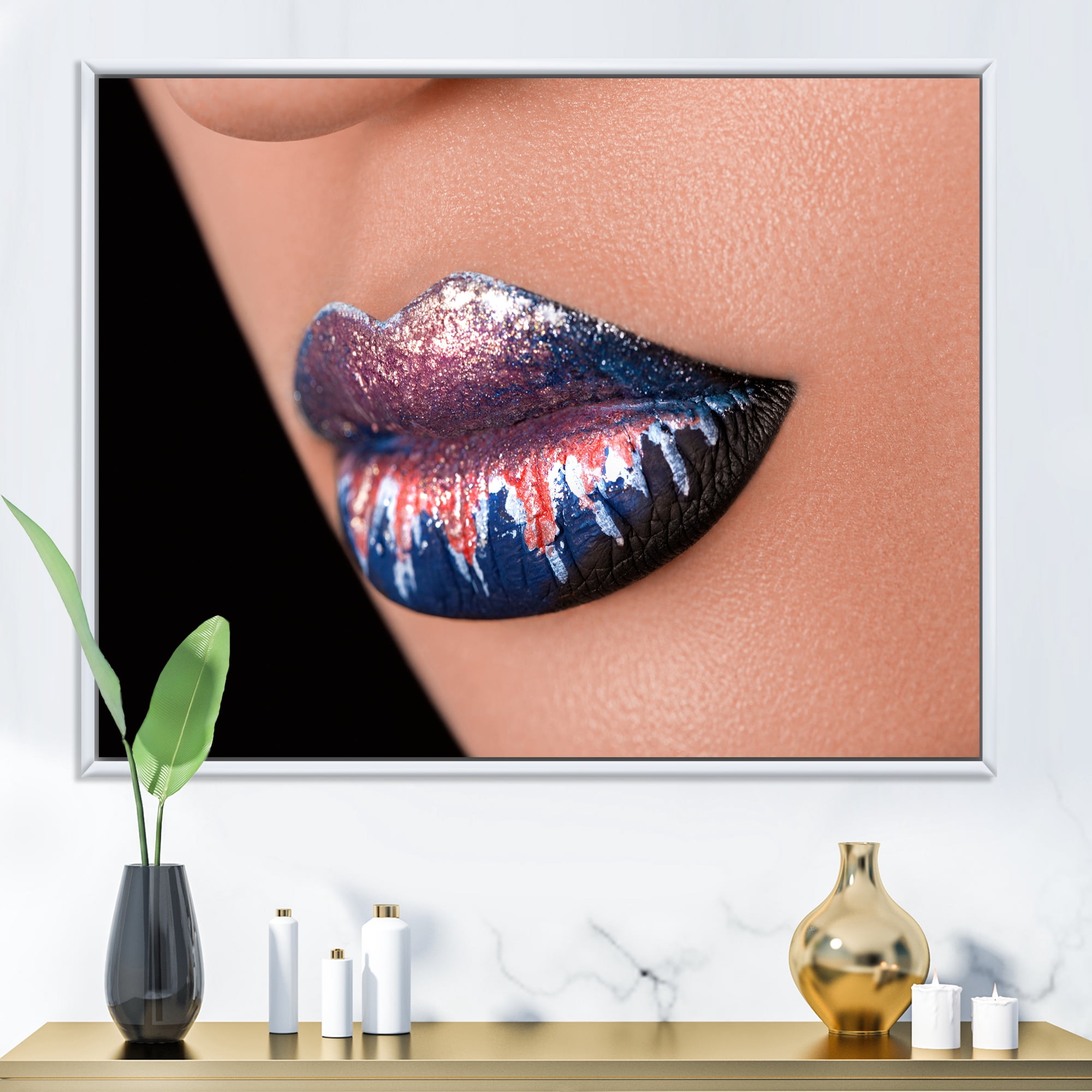 Fashion and Creative Make Up On Woman Lips 32 in x 16 in Framed Painting Canvas Art Print, by Designart