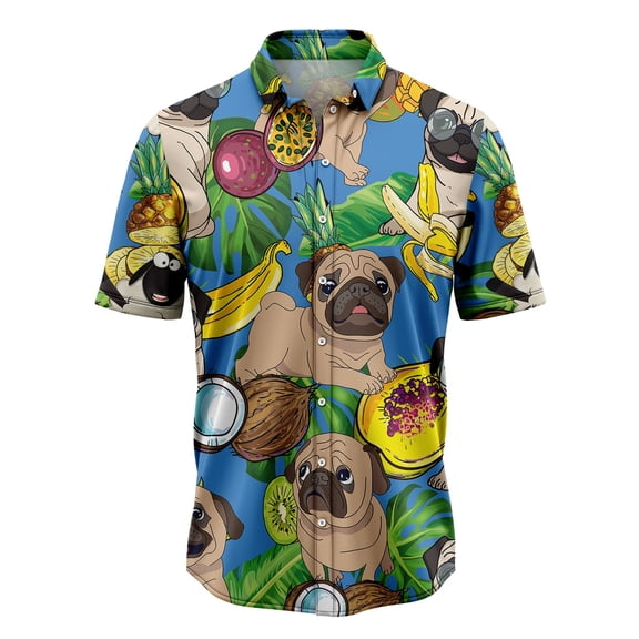 DIQADILA Pug Love Fruit Aloha Hawaiian Short Sleeve Button-Up Shirts for Men and Women