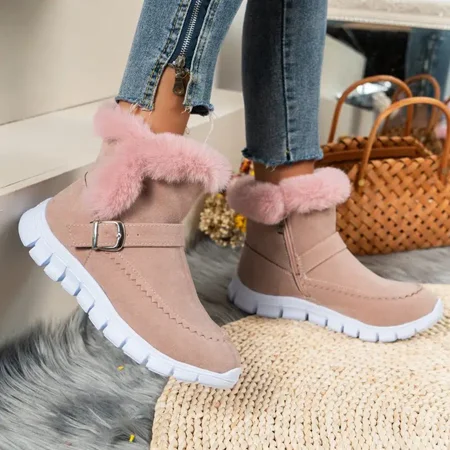 

Winter Thermal Insulated Snow Boots Warm Plush Lined Ankle Boots Fluffy Trim Side Zipper Boots