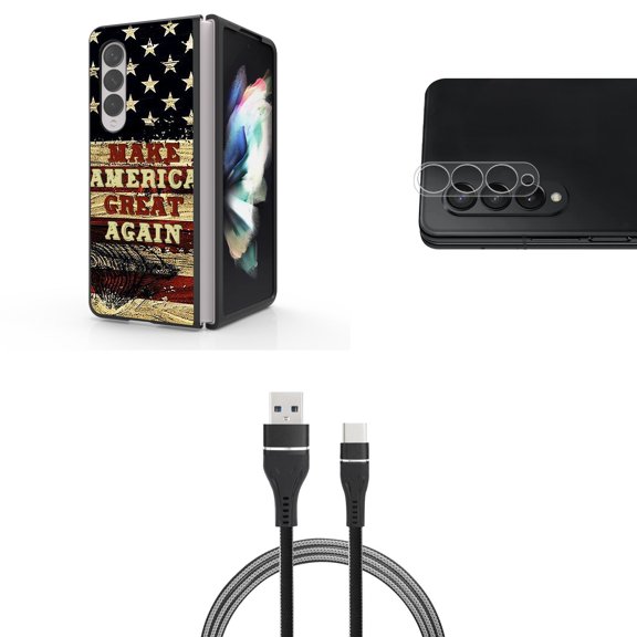 Accessory Bundle for Galaxy Z Fold 4: Slim Snap-On Case (Make America Great Again), Rear Camera Glass Protector, Nylon Braided USB-C to USB-A Cable (3 Feet)