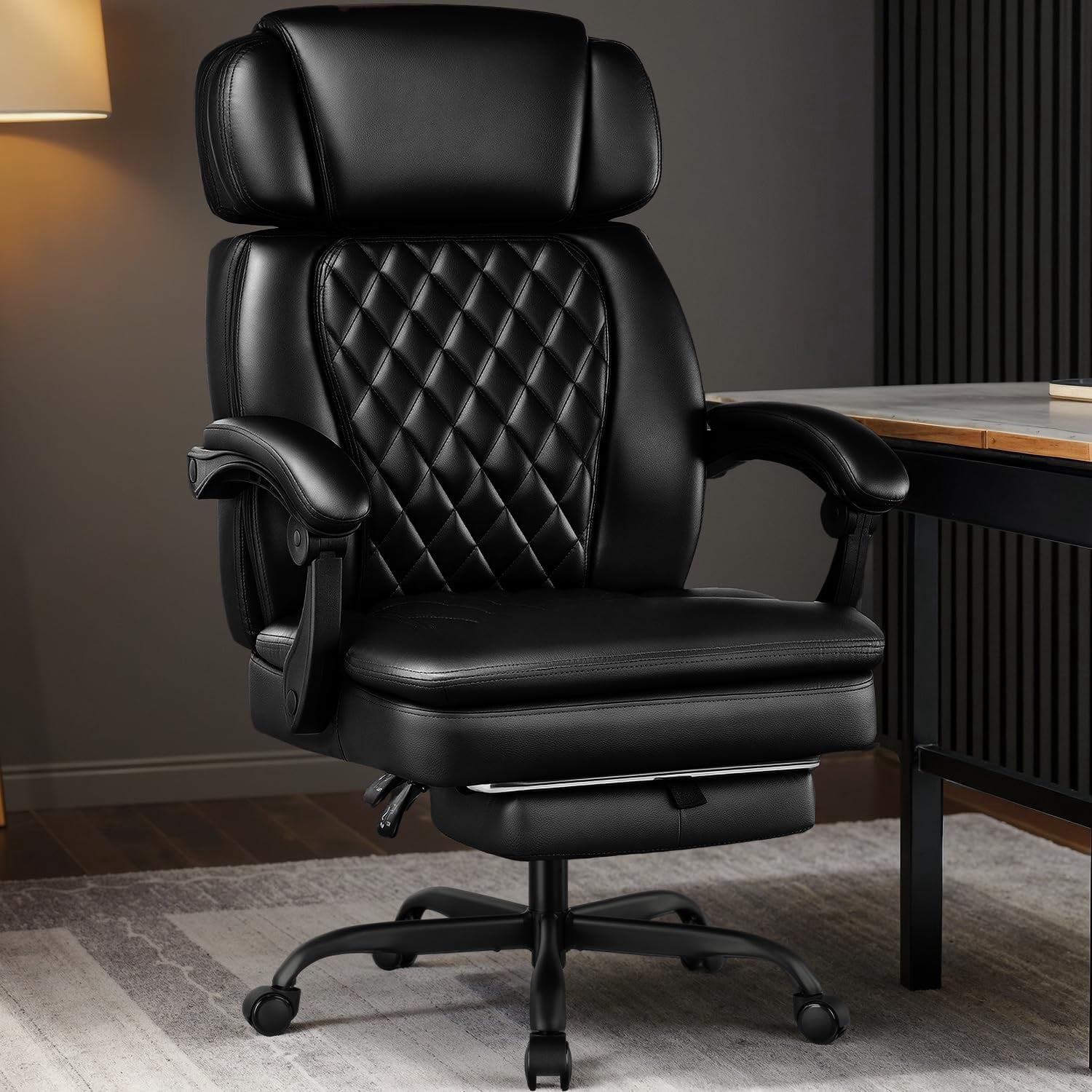 Big and Tall Office Chair 400lbs Capacity, Ergonomic Executive Chair with Linkage Armrests, Adjustable Headrest, Retractable Footrest & Lumbar Support, High Back PU Leather Desk Chair, Black