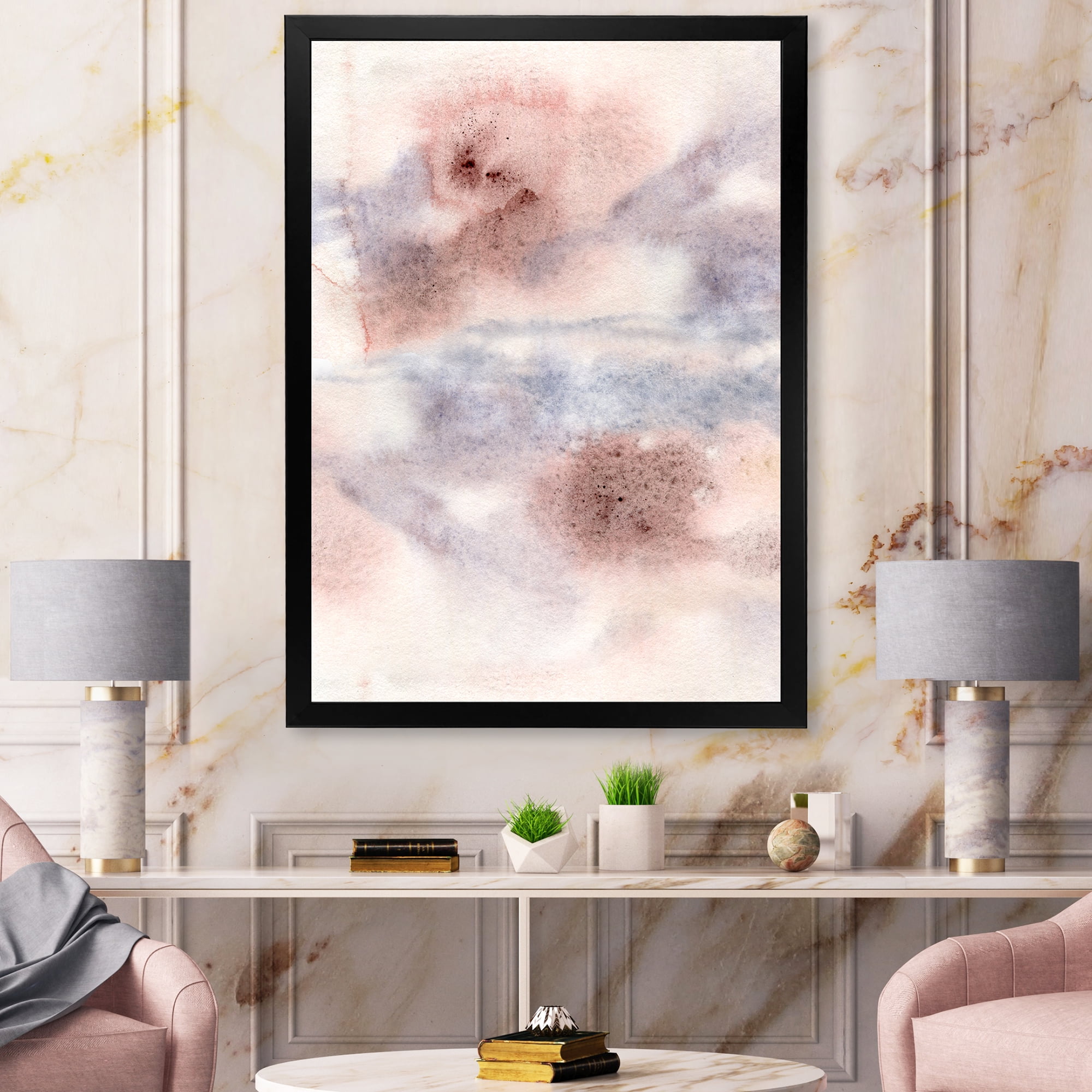 Designart 'Pastel Abstract With Gray Blue Pink and Red Spots' Modern Framed Art Print