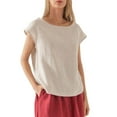 thumbnail image 1 of JUNWELL Lin à la Mode des Femmes Casual Ample Mode à Manches Courtes T-shirt Couleur Unie Col Rond Top, 1 of 7