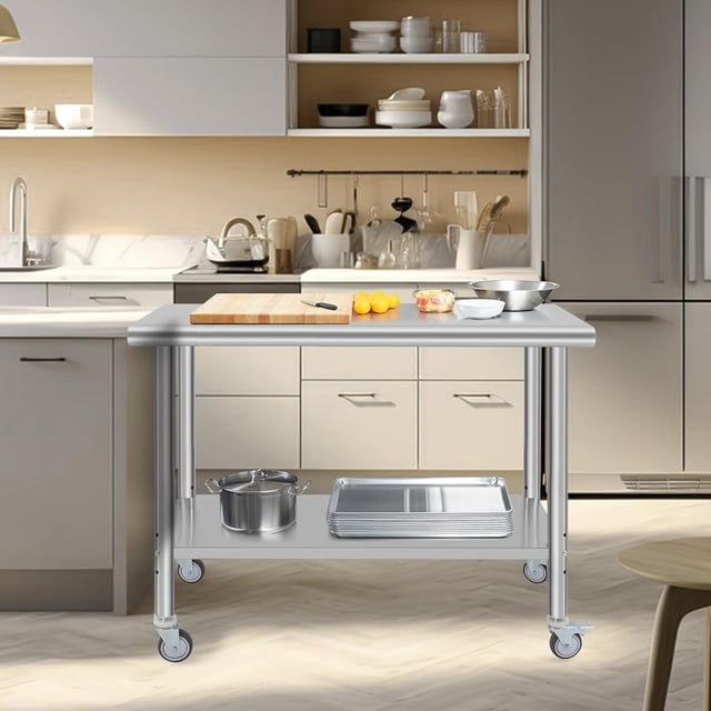 YUSAZENS 48 x 24 x 35 Inch Double Layer Stainless Steel Workbench, Mobile Prep Table with Rolling Casters, No Back Panel for Workshop Garage Commercial Use