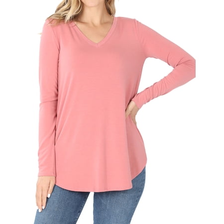 Women & Plus(S-3X) Relaxed Fit Long Sleeve V-Neck Round Hem Jersey Tee Shirt Top (Single & Multi-Packs Available) price history on PriceWatchPro