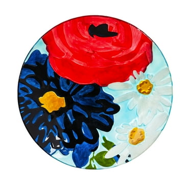 Evergreen 18" Hand Painted Embossed Glass Bird Bath, Red/White/Blue Florals, 18.1'' x 18.1'' x 1.6'' inches