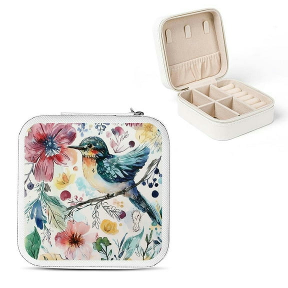 ZFLMY Bird Flower Watercolor Mini Jewelry Travel Case with Zipper, Compact Portable Jewelry Organizer for Necklace, Ring, Earring, Small Jewelry Box for Women White