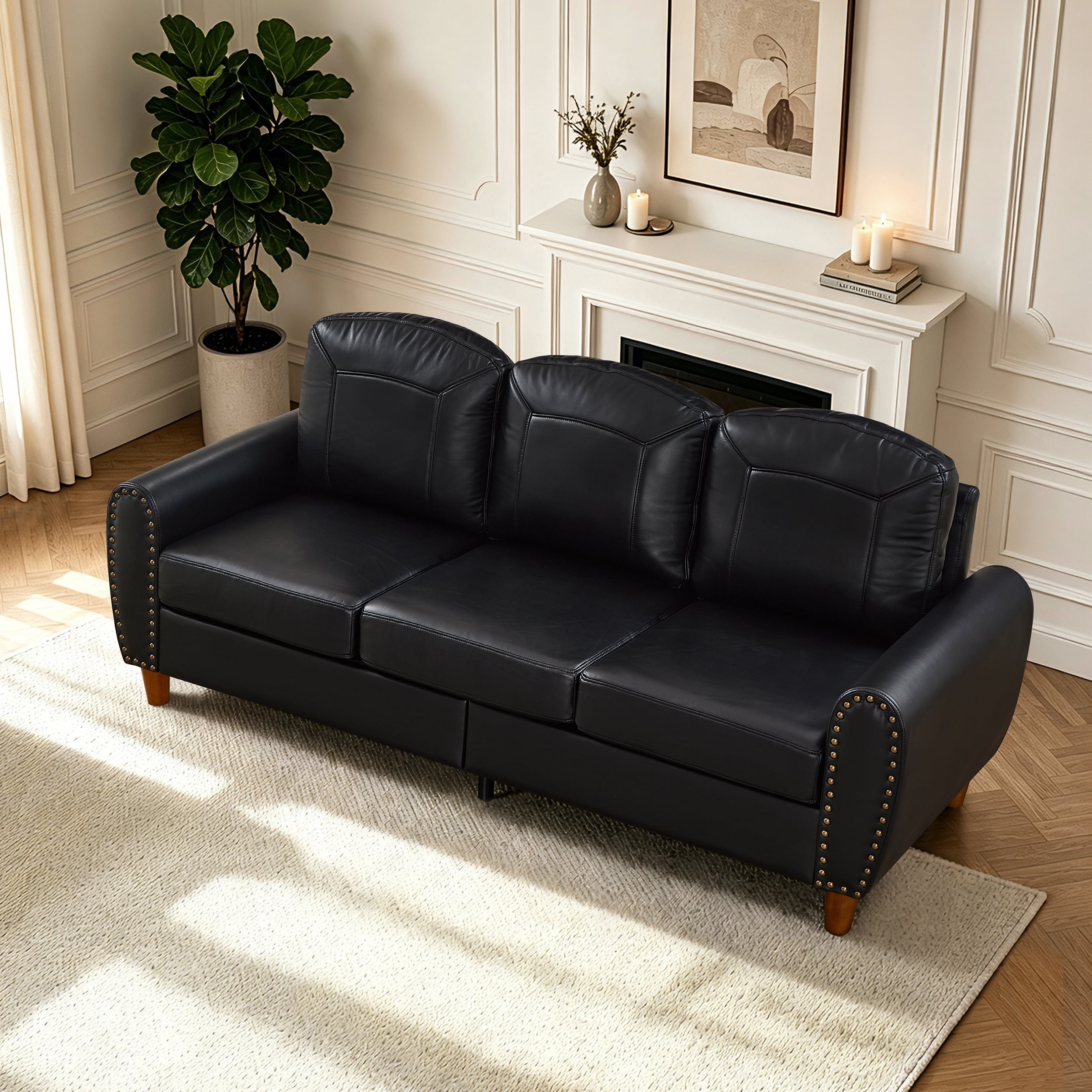 Mid-Century Modern Faux Leather 3-Seater Sofa,81.5"W Classic Rolled Arm Sofa Couch with Brass Nailhead Trim & Solid Wood Legs,Apartment,Living Room,Black