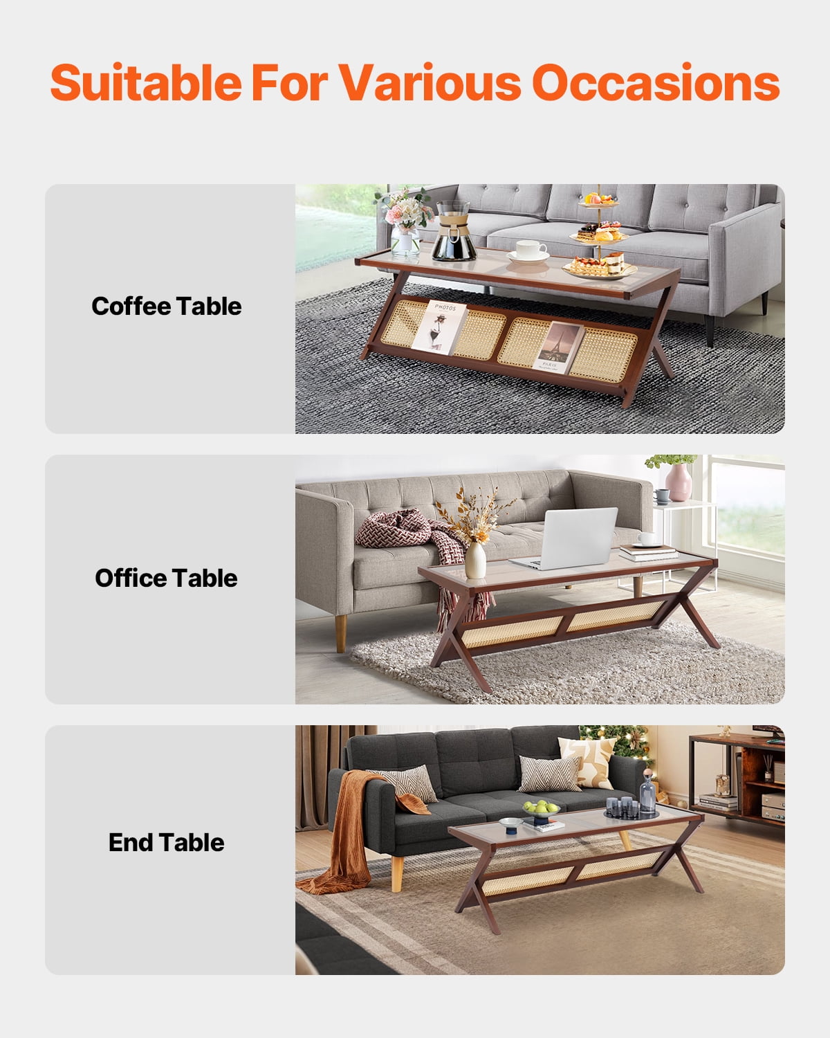 KFFKFF Wicker Coffee Table, Z-Form Wicker Weaved Bamboo Table with Hardened Glass Surface, 47” Contemporary Bohemian Storage Table with Authentic Bamboo Supports, for Lounge, Sleeping Quarters