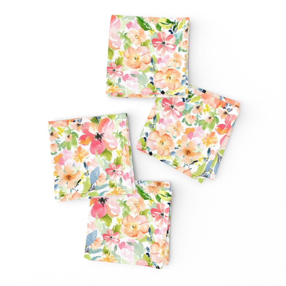 Cocktail Napkins Peach Pink Floral Flowers Boho Baby Girl Nursery Set of 4
