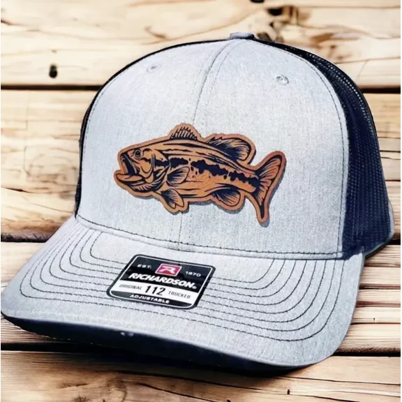 Bass Fish Leatherette Patch Hat, Custom Leather Patch Hat, Leatherette, Trucker Style, Snap Back, Richardson 112