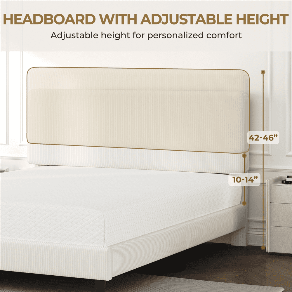 Renwick Upholstered Bed Frame with Wooden Slat Support, King, Beige