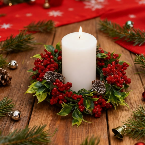 RBCKVXZ 9" Christmas Candle Wreath Centerpiece - Artificial Pine Wreath with Golden Berries, Pine Cones & Greenery | Dining Table Mantel Holiday Party Candle Holder Decor