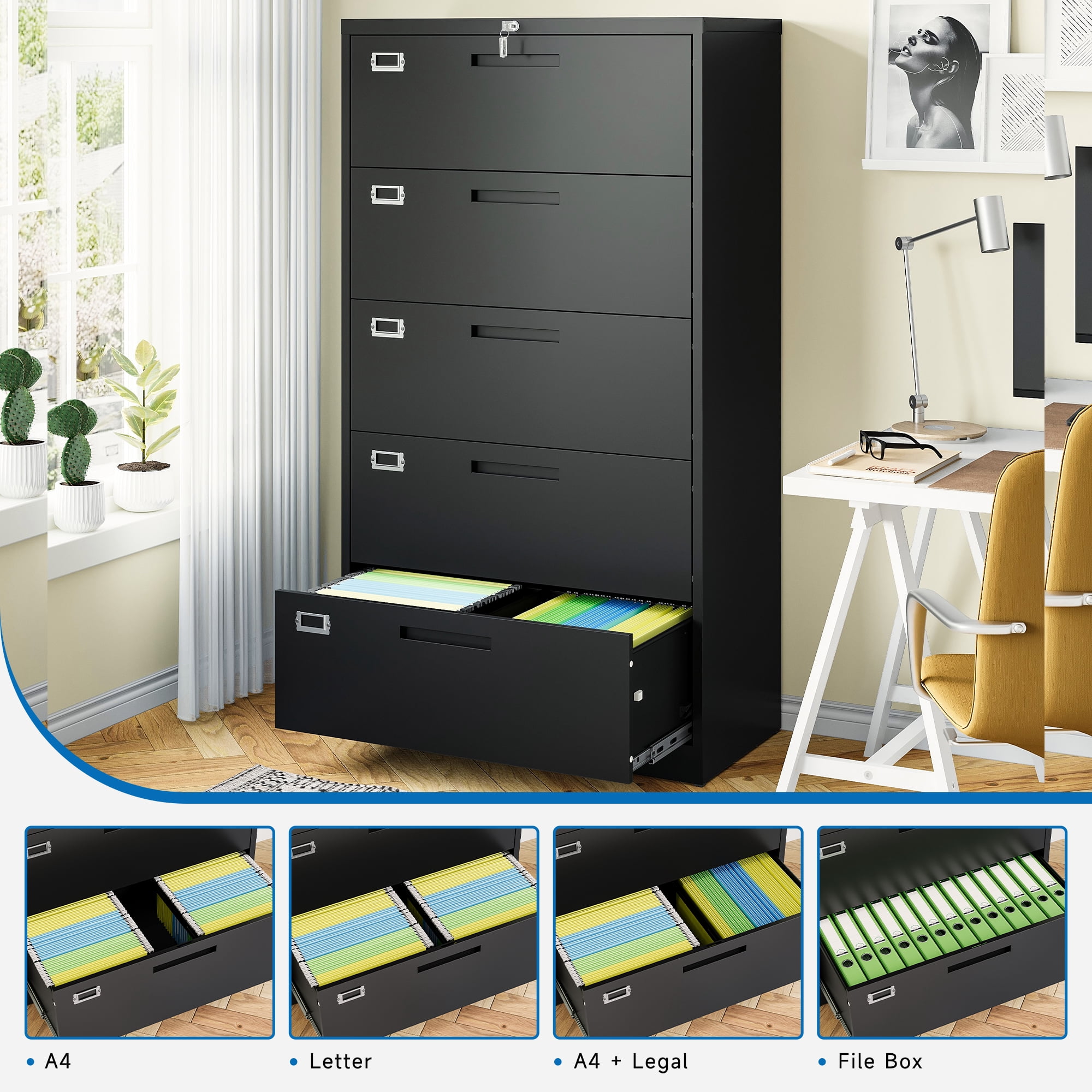 Fesbos 5 Drawer File Cabinet with Lock,Metal Lateral Filing Cabinets for Home Office Hanging Files Letter/Legal/F4/A4 Size, Assembly Required - Black