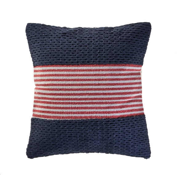 Laddha Home Designs 20" Navy Blue and Red Nautical Striped Square Throw Pillow