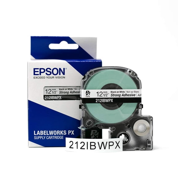 Epson LABELWORKS 212IBWPX - Black on White PET Label Maker Tape, Strong Adhesive - 1/2" (12MM) Wide, 30 ft