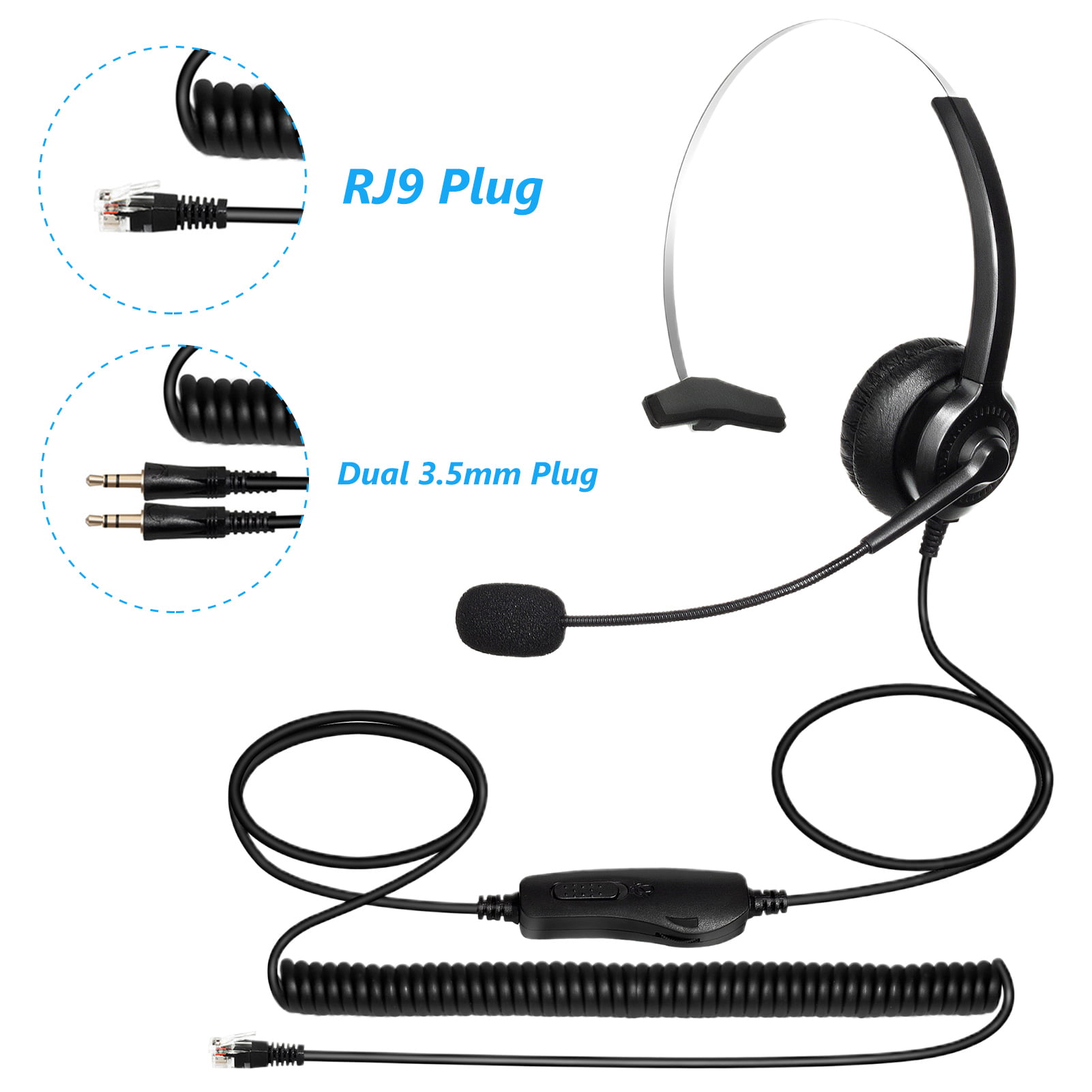 BLACK Headset/Microphone for all Standard Telephones with RJ9 RJ11 connection