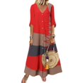 thumbnail image 1 of Robe Maxi à Col en V Profond Colorblock pour Femmes Été Décontracté Manches Mi-Longues Longues, 1 of 1