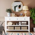thumbnail image 1 of MODERNLUXE Table Console de 50 Pouces, Table de Canapé Rétro avec 3 Tiroirs, Étagères Ouvertes et Cadre en Bois pour Salon, Blanc Antique, 1 of 7