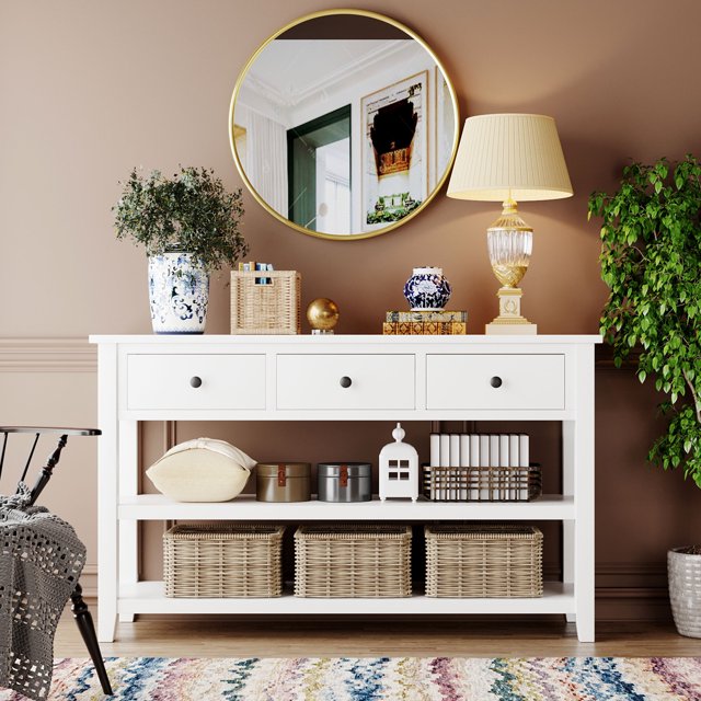 MODERNLUXE Table Console de 50 Pouces, Table de Canapé Rétro avec 3 Tiroirs, Étagères Ouvertes et Cadre en Bois pour Salon, Blanc Antique
