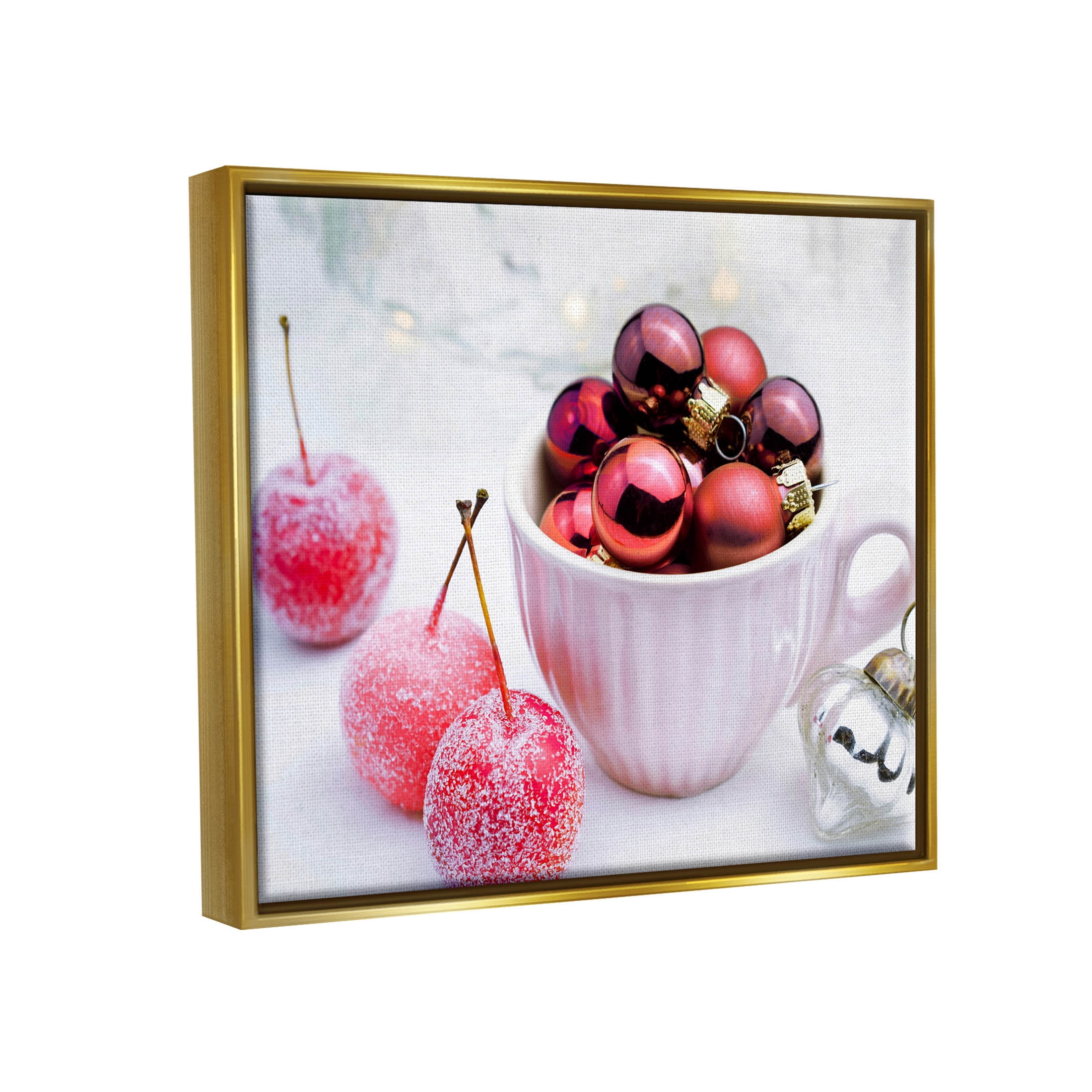 Gleaming Red Christmas Ornaments Holiday Photograph Metallic Gold Framed Art Print Wall Art
