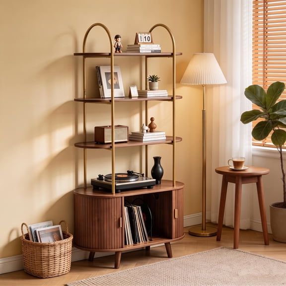 Boupower 4 Tier Tall Vinyl Record Player Stand with Sliding Doors, Mid Century Modern Arched Bookshelf, Walnut Turntable Stand for Living Room