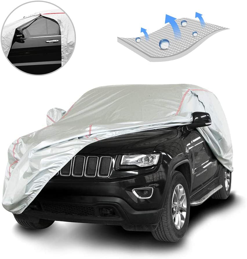 Coverado Basic Car Cover with Buid-in Storage Bag Door Zipper Windproof Straps and Buckles 100% Waterproof All Season Weather-Proof Fit 180-195 Length SUV 