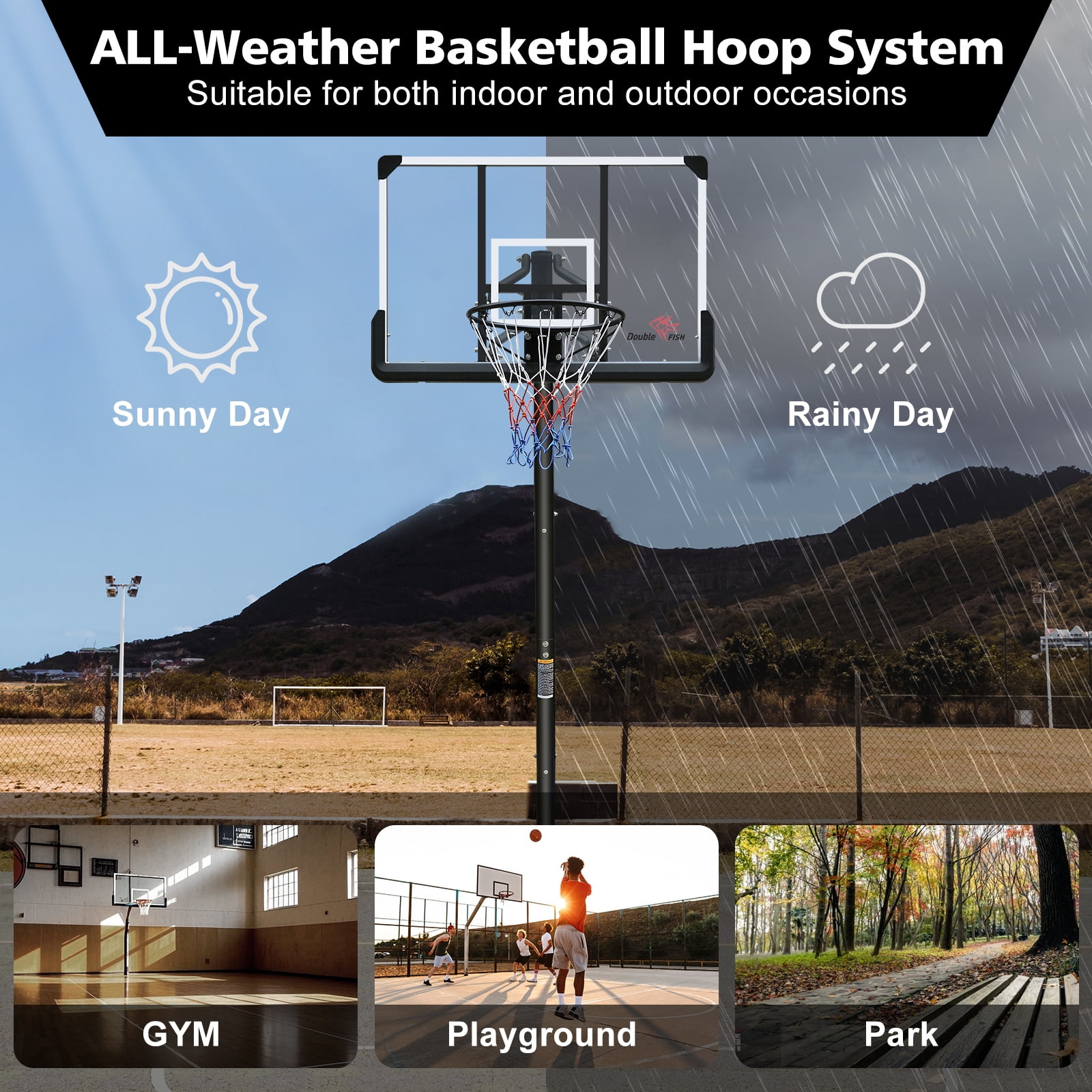 E-Western Outdoor Height Adjustable 7.5 to 10 ft Basketball Hoop with 44 Inch Backboard, Portable System with Stable Base and Wheels