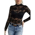 thumbnail image 2 of Womens Mesh Top Long Sleeve Mock Neck Sheer Blouse See Through Floral Lace Tops Black L, 2 of 7