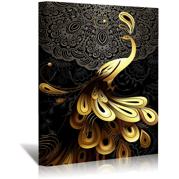 Rosework Framed Canvas Wall Art, 20x30 Inch, Golden Peacock, Made In USA