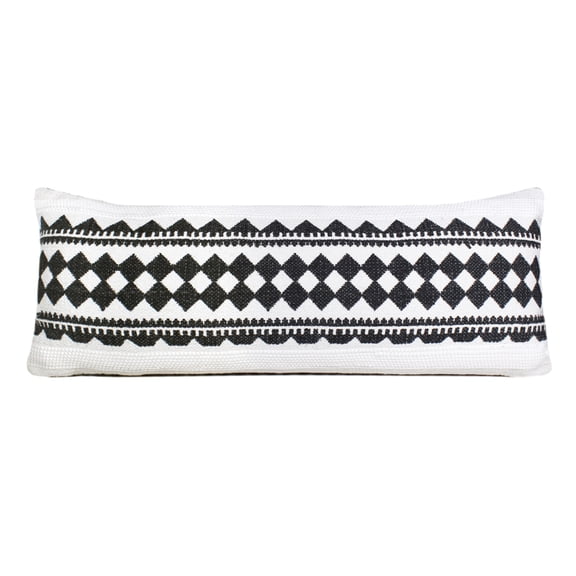 Laddha Home Designs Handwoven Geometric Diamond Lumbar Pillow Cover - 36" - White and Black